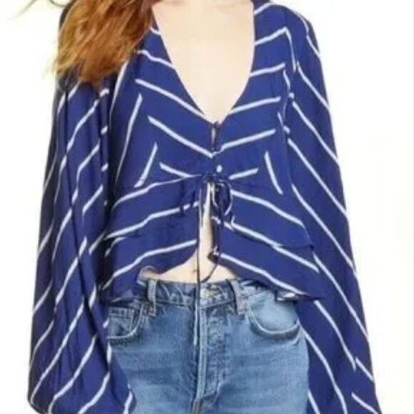 Free People Cropped Blouse Samifran Top Indigo blue long sleeve Striped Medium - Picture 2 of 5